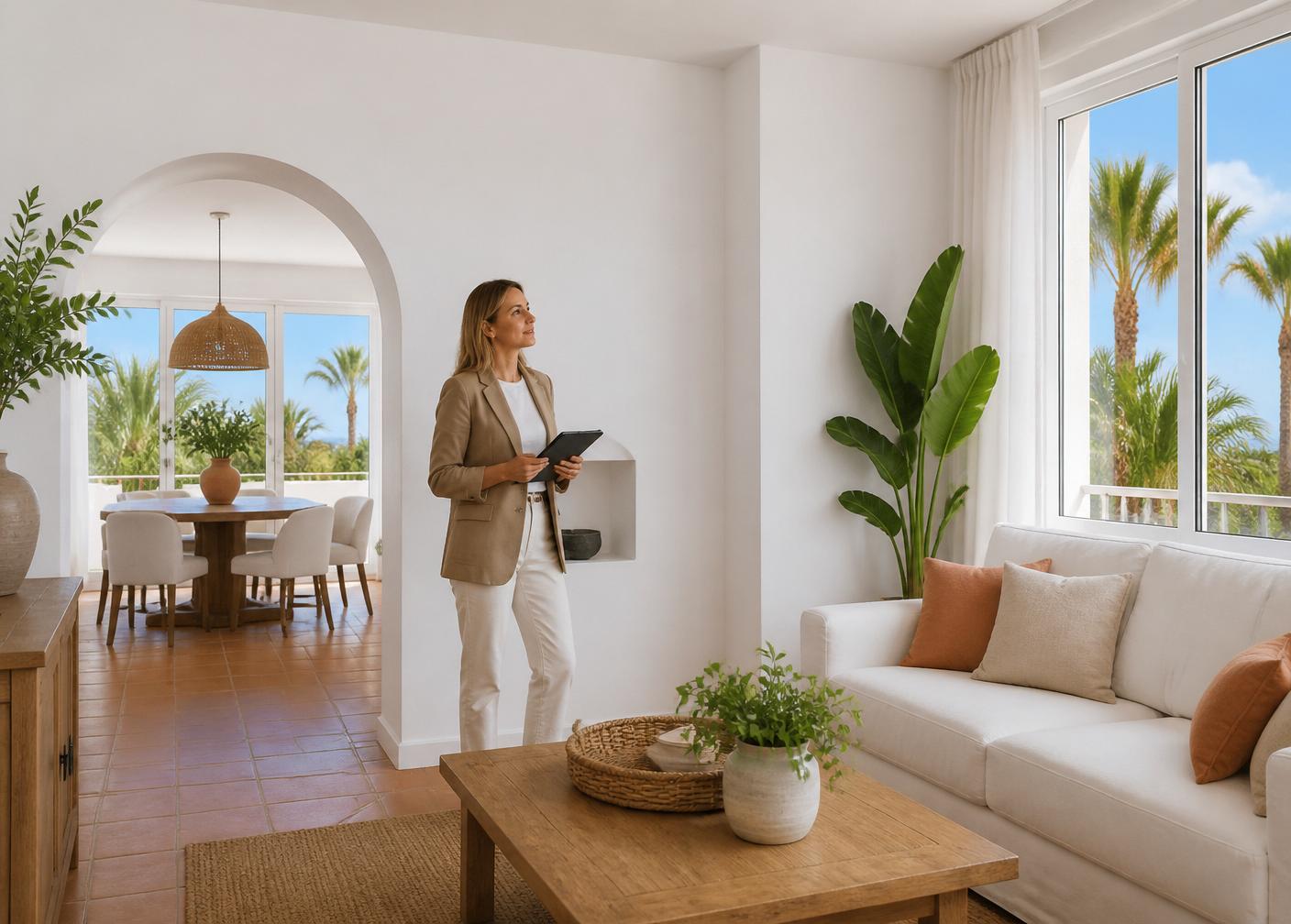 Gestora de Rentora inspeccionando una vivienda cuidada en la Costa del Sol